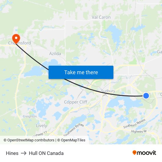 Hines to Hull ON Canada map