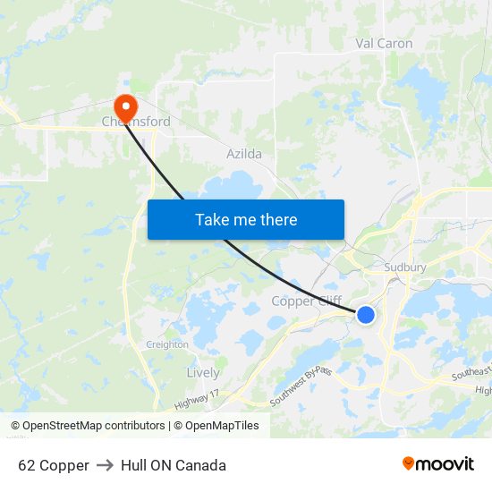 62 Copper to Hull ON Canada map