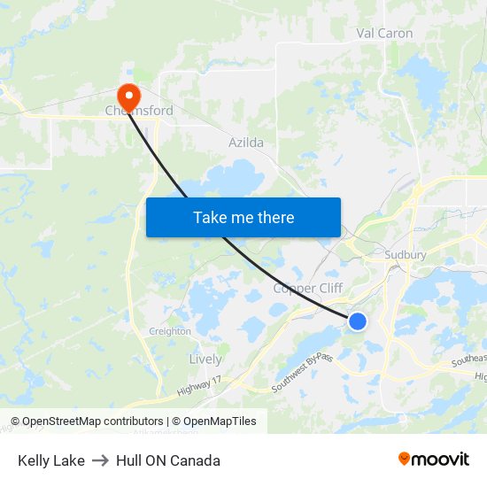 Kelly Lake to Hull ON Canada map