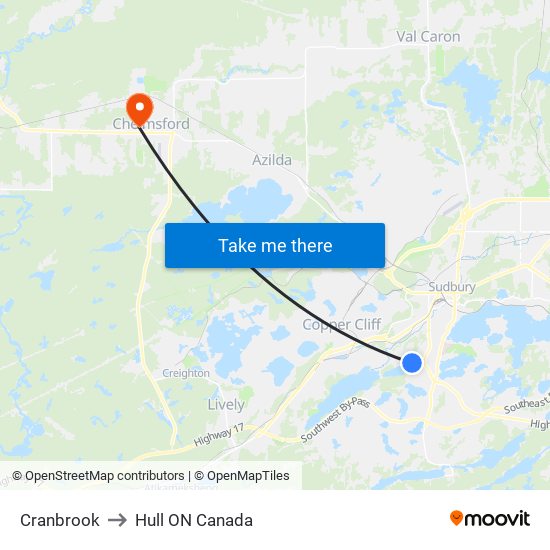 Cranbrook to Hull ON Canada map