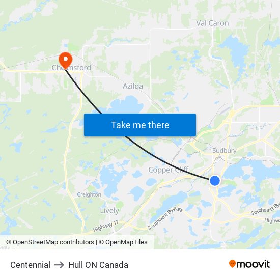 Centennial to Hull ON Canada map