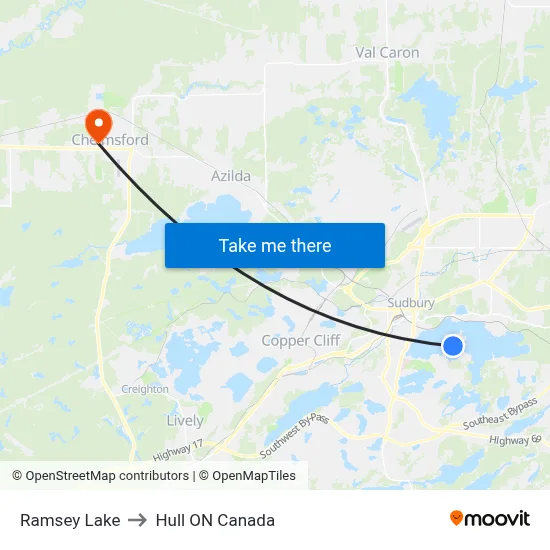 Ramsey Lake to Hull ON Canada map