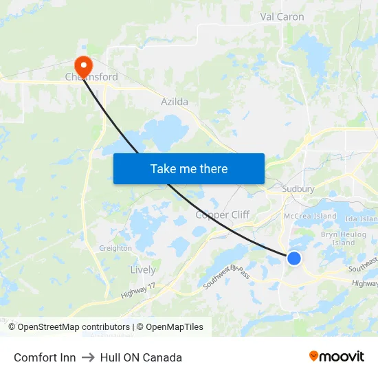 Comfort Inn to Hull ON Canada map