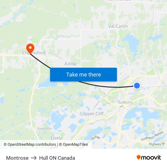 Montrose to Hull ON Canada map