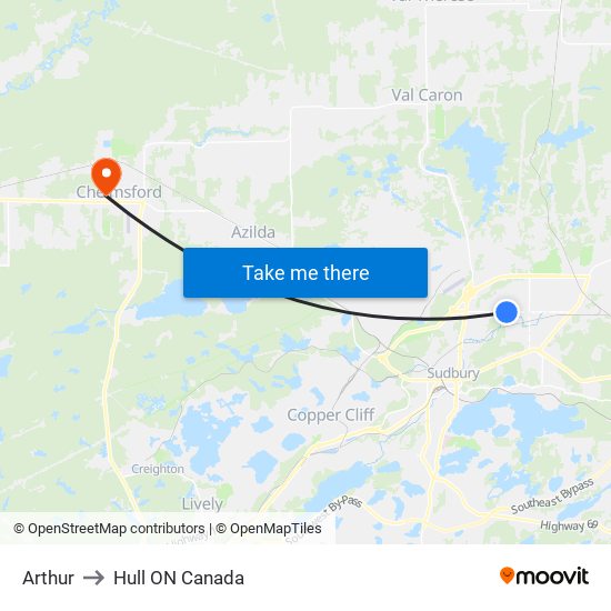 Arthur to Hull ON Canada map