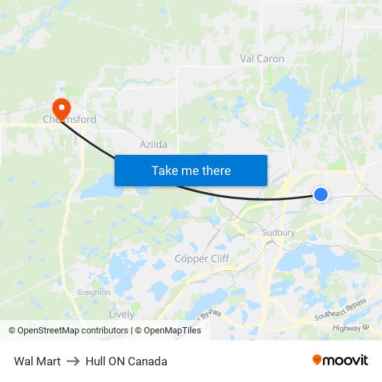 Wal Mart to Hull ON Canada map