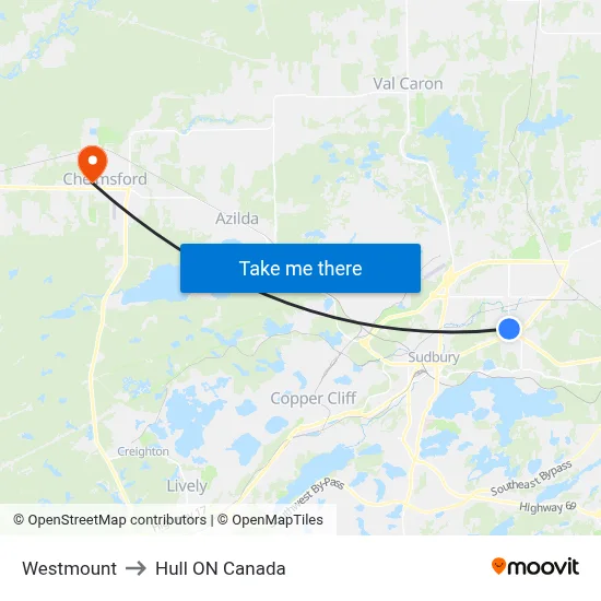 Westmount to Hull ON Canada map