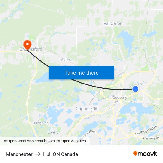 Manchester to Hull ON Canada map