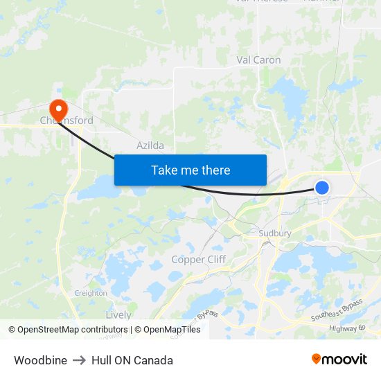 Woodbine to Hull ON Canada map