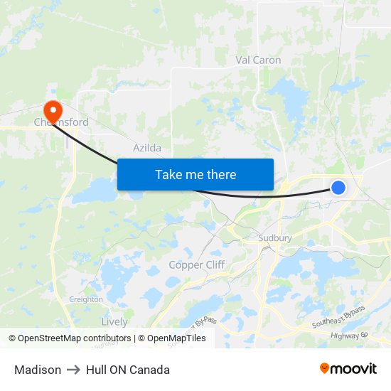 Madison to Hull ON Canada map