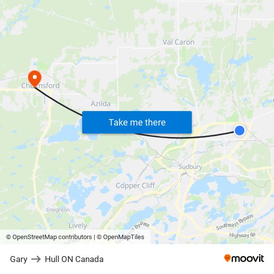 Gary to Hull ON Canada map