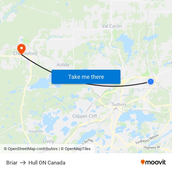 Briar to Hull ON Canada map