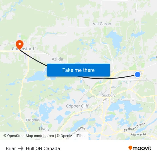 Briar to Hull ON Canada map