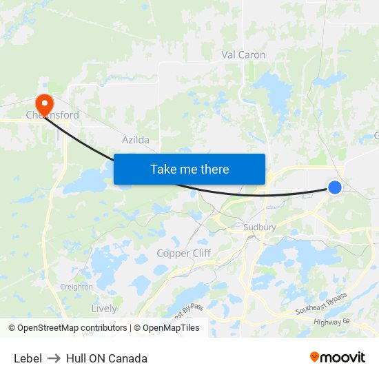 Lebel to Hull ON Canada map