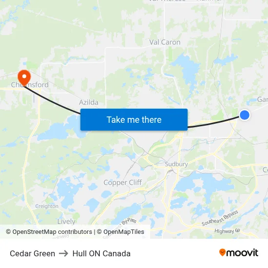 Cedar Green to Hull ON Canada map