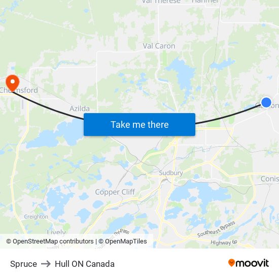 Spruce to Hull ON Canada map