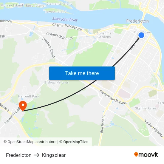 Fredericton to Kingsclear map