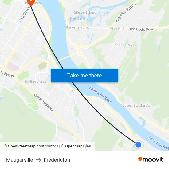 Maugerville to Fredericton map
