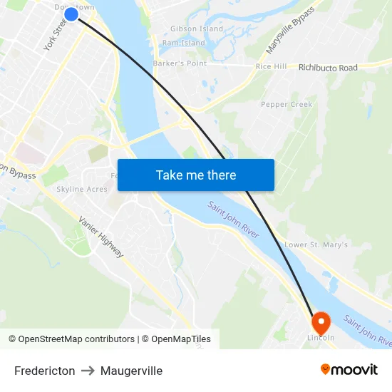 Fredericton to Maugerville map