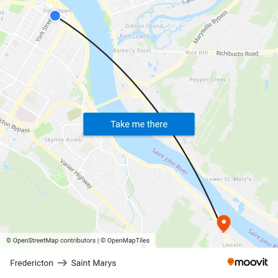 Fredericton to Saint Marys map