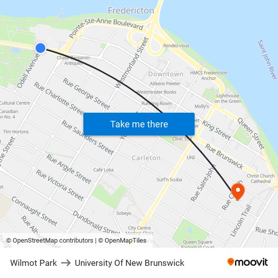 Wilmot Park to University Of New Brunswick map