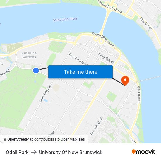 Odell Park to University Of New Brunswick map