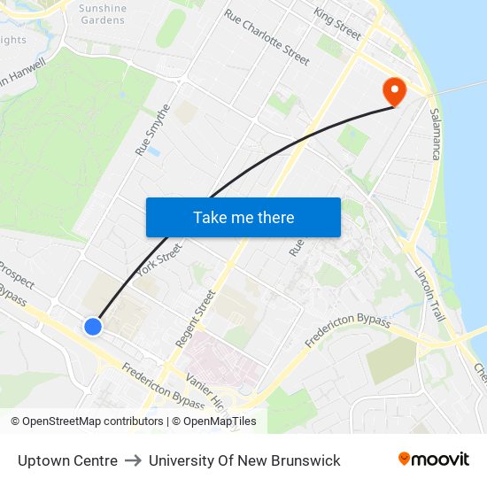 Uptown Centre to University Of New Brunswick map