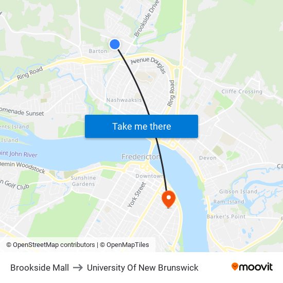 Brookside Mall to University Of New Brunswick map