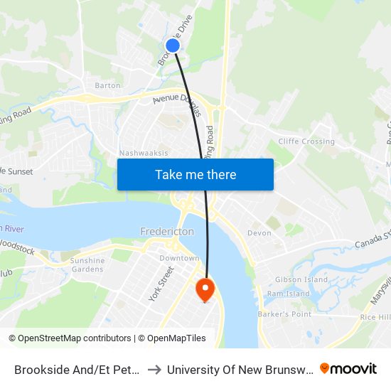 Brookside And/Et Peters to University Of New Brunswick map