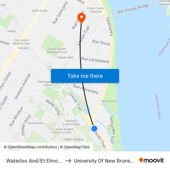 Waterloo And/Et Elmcroft to University Of New Brunswick map