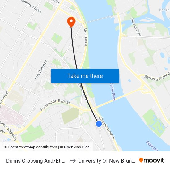 Dunns Crossing And/Et Boyne to University Of New Brunswick map