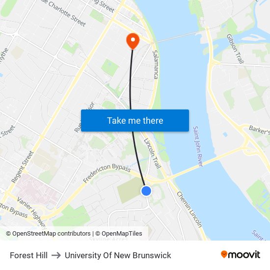 Forest Hill to University Of New Brunswick map