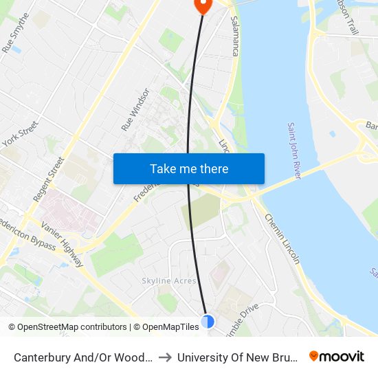 Canterbury And/Or Woodbridge to University Of New Brunswick map