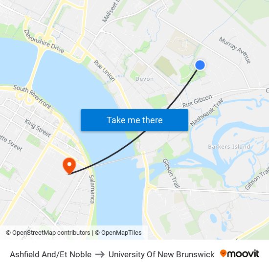 Ashfield And/Et Noble to University Of New Brunswick map