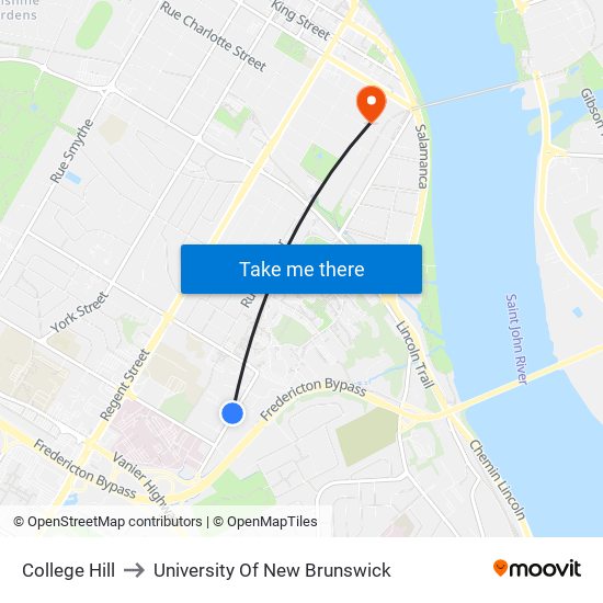 College Hill to University Of New Brunswick map