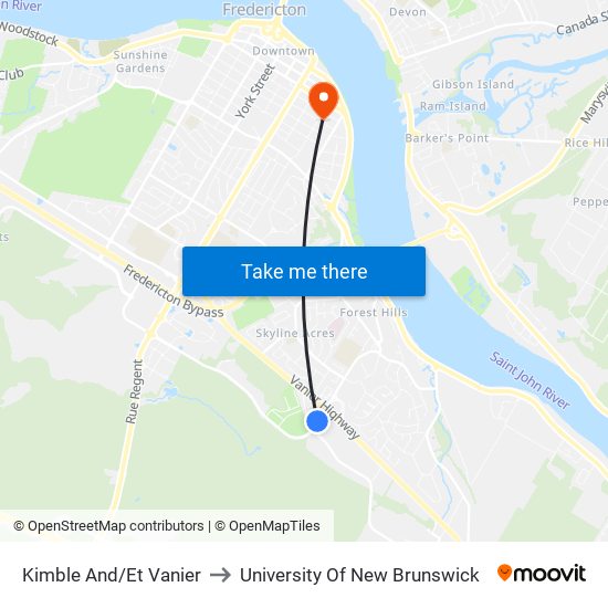 Kimble And/Et Vanier to University Of New Brunswick map