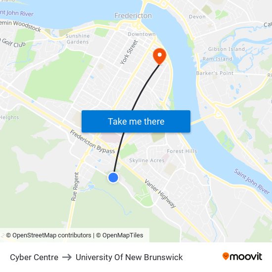 Cyber Centre to University Of New Brunswick map