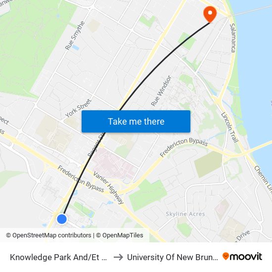 Knowledge Park And/Et Regent to University Of New Brunswick map