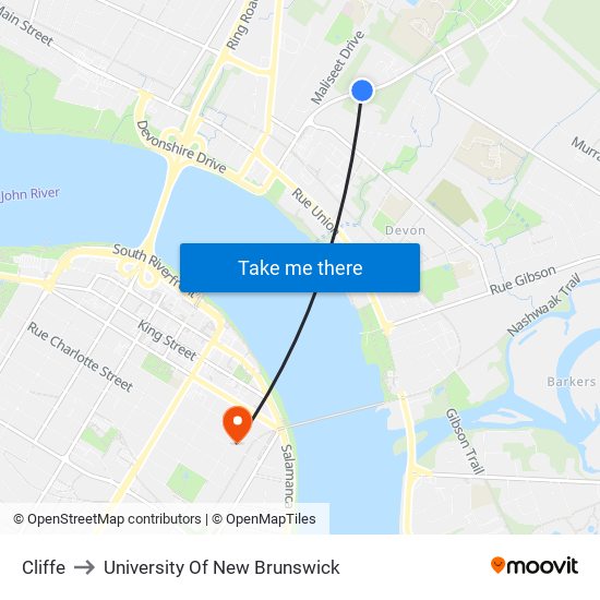 Cliffe to University Of New Brunswick map