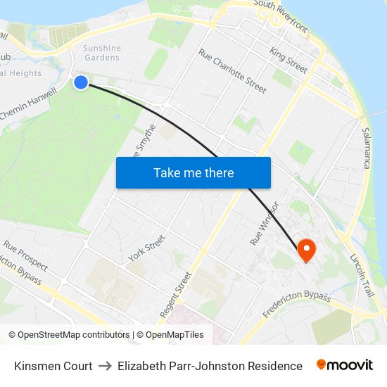 Kinsmen Court to Elizabeth Parr-Johnston Residence map