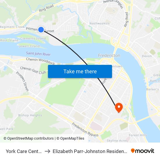 York Care Centre to Elizabeth Parr-Johnston Residence map