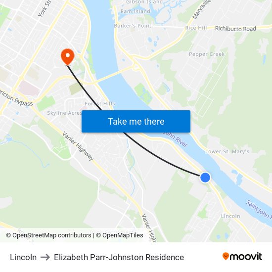 Lincoln to Elizabeth Parr-Johnston Residence map