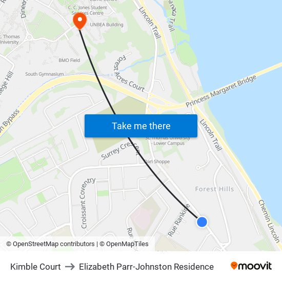 Kimble Court to Elizabeth Parr-Johnston Residence map