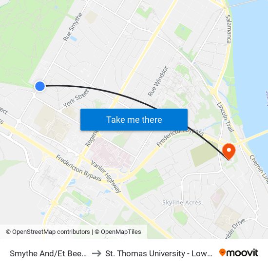 Smythe And/Et Beechwood to St. Thomas University - Lower Campus map