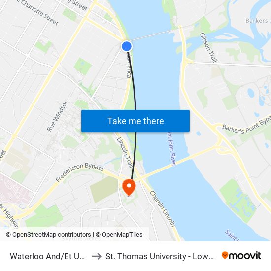 Waterloo And/Et University to St. Thomas University - Lower Campus map