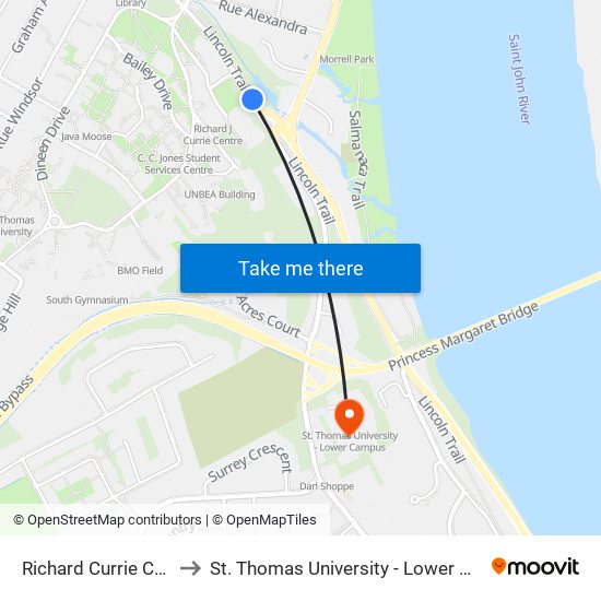 Richard Currie Centre to St. Thomas University - Lower Campus map