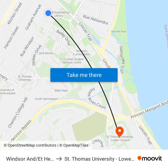 Windsor And/Et Head Hall to St. Thomas University - Lower Campus map