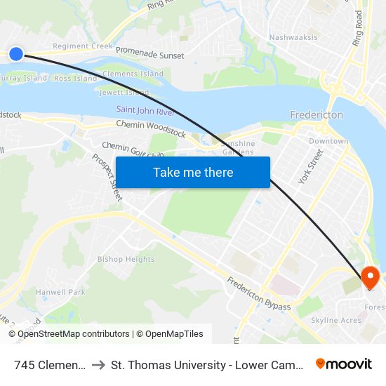 745 Clements to St. Thomas University - Lower Campus map