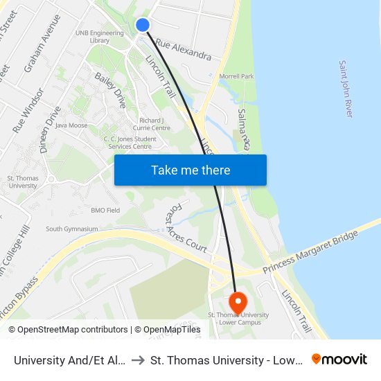 University And/Et Alexandra to St. Thomas University - Lower Campus map