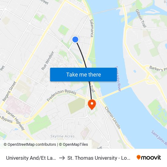 University And/Et Lansdowne to St. Thomas University - Lower Campus map